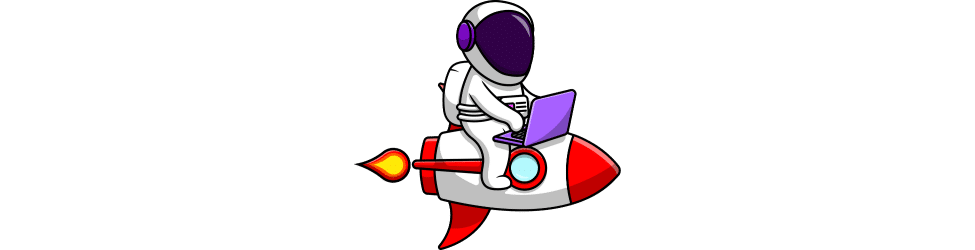 Astronauta sentado en un cohete con un portátil