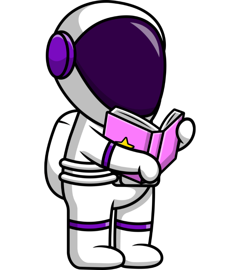 Astronauta leyendo un libro rosa