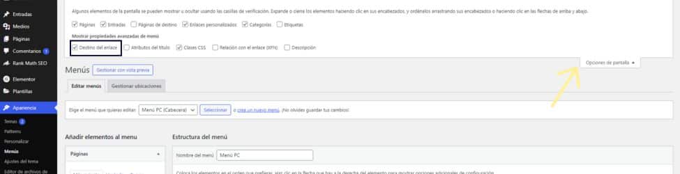 Casilla destino del enlace en menú de WordPress